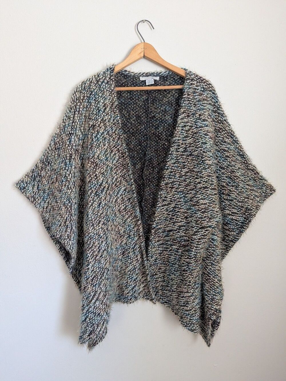 Bryn Walker Open Front Poncho Cardigan Fuzzy Soft XL Wool Blend Sweater Wrap USA